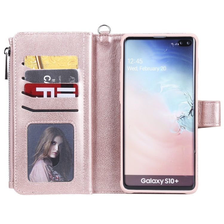 For Galaxy S10 Plus 2 in 1 Solid Color Zipper Shockproof Protective Case with Card Slots & Bracket & Photo Holder & Wallet Function