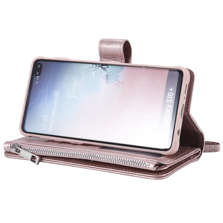 For Galaxy S10 Plus 2 in 1 Solid Color Zipper Shockproof Protective Case with Card Slots & Bracket & Photo Holder & Wallet Function