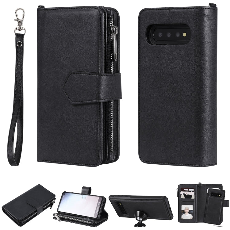 For Galaxy S10 2 in 1 Solid Color Zipper Shockproof Protective Case with Card Slots & Bracket & Photo Holder & Wallet Function