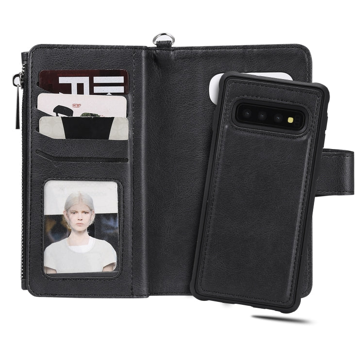 For Galaxy S10 2 in 1 Solid Color Zipper Shockproof Protective Case with Card Slots & Bracket & Photo Holder & Wallet Function