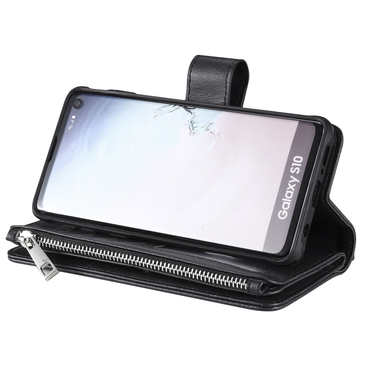For Galaxy S10 2 in 1 Solid Color Zipper Shockproof Protective Case with Card Slots & Bracket & Photo Holder & Wallet Function