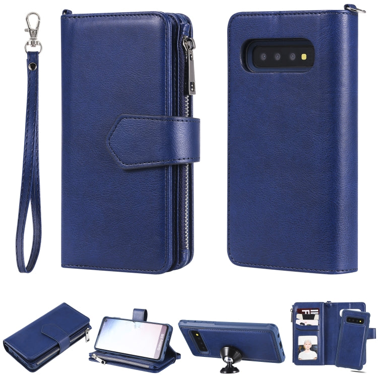 For Galaxy S10 2 in 1 Solid Color Zipper Shockproof Protective Case with Card Slots & Bracket & Photo Holder & Wallet Function