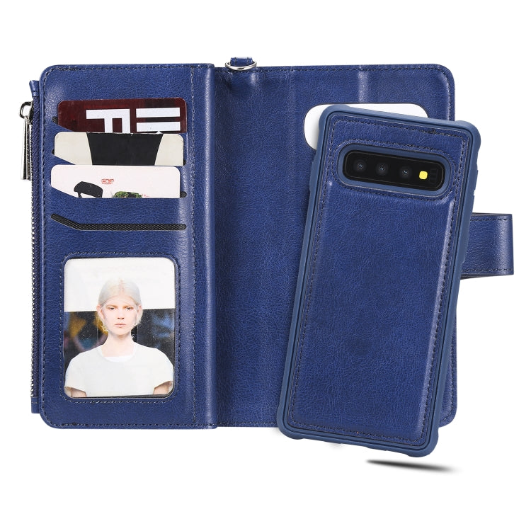 For Galaxy S10 2 in 1 Solid Color Zipper Shockproof Protective Case with Card Slots & Bracket & Photo Holder & Wallet Function