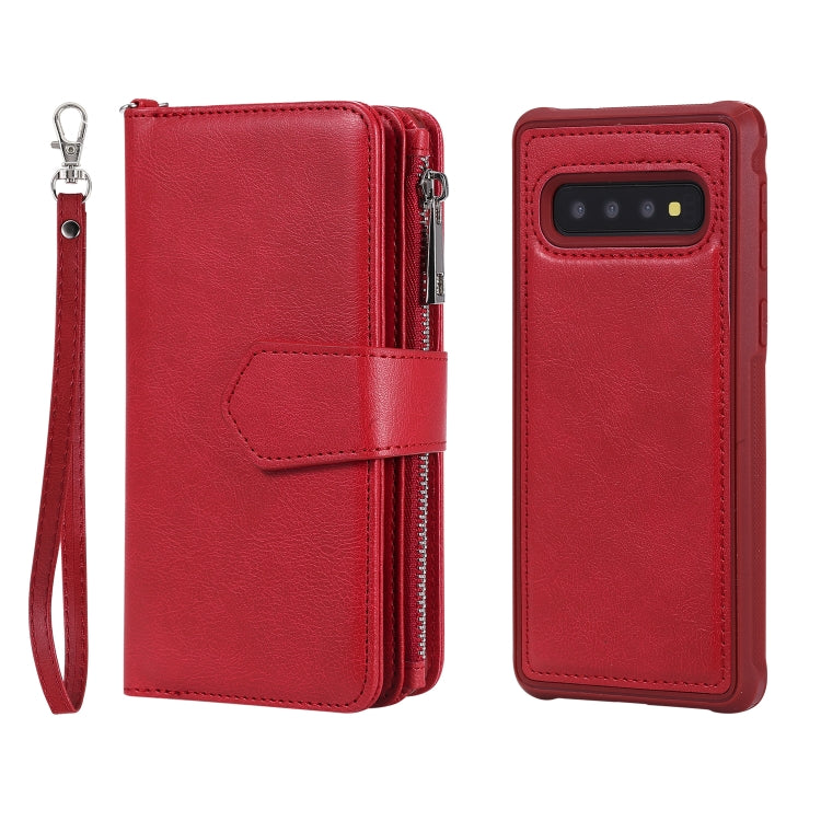 For Galaxy S10 2 in 1 Solid Color Zipper Shockproof Protective Case with Card Slots & Bracket & Photo Holder & Wallet Function