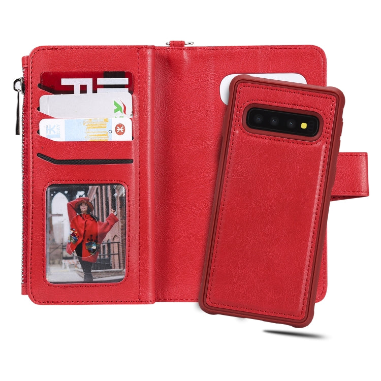 For Galaxy S10 2 in 1 Solid Color Zipper Shockproof Protective Case with Card Slots & Bracket & Photo Holder & Wallet Function