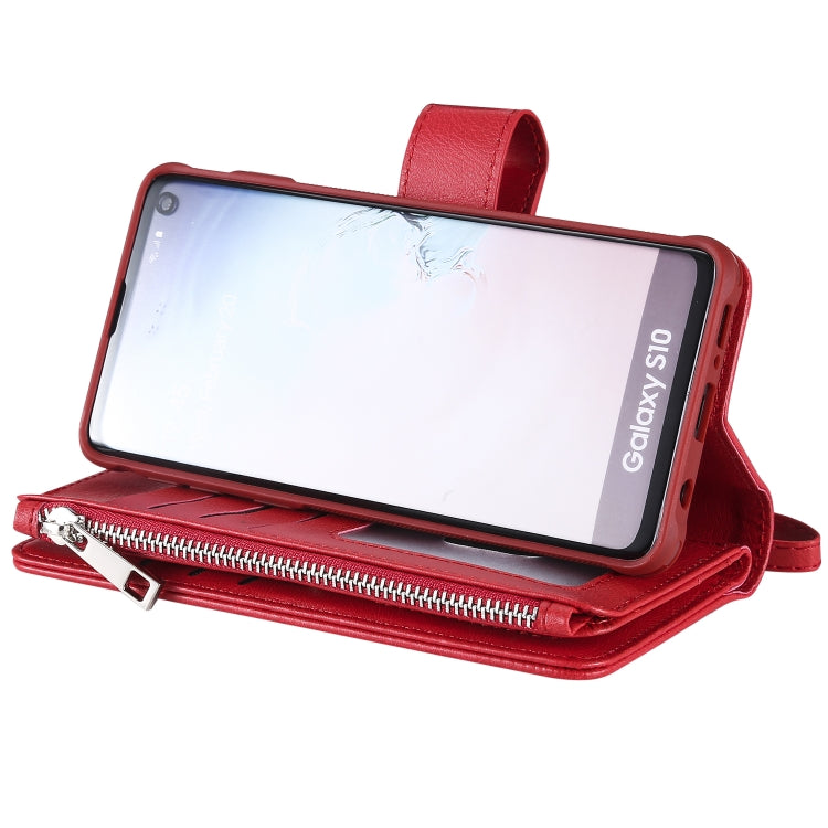 For Galaxy S10 2 in 1 Solid Color Zipper Shockproof Protective Case with Card Slots & Bracket & Photo Holder & Wallet Function