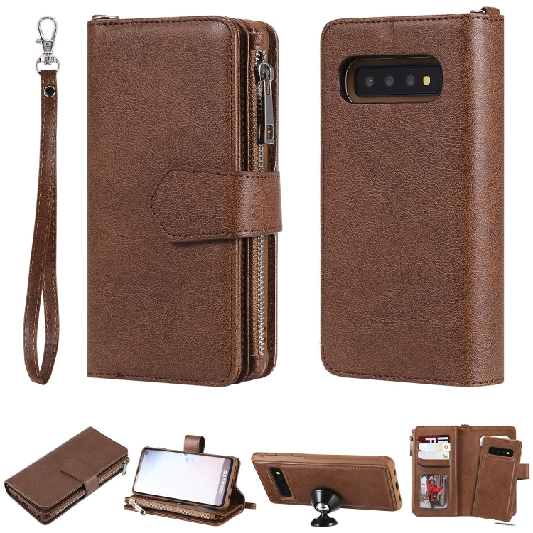 For Galaxy S10 2 in 1 Solid Color Zipper Shockproof Protective Case with Card Slots & Bracket & Photo Holder & Wallet Function