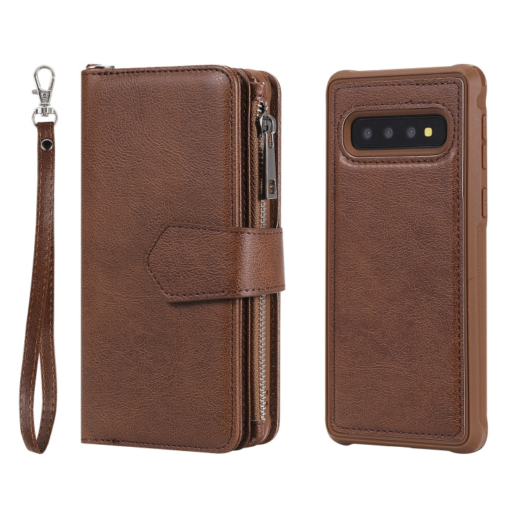 For Galaxy S10 2 in 1 Solid Color Zipper Shockproof Protective Case with Card Slots & Bracket & Photo Holder & Wallet Function
