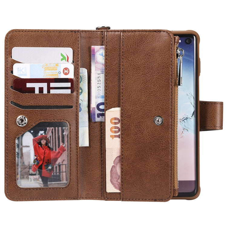 For Galaxy S10 2 in 1 Solid Color Zipper Shockproof Protective Case with Card Slots & Bracket & Photo Holder & Wallet Function
