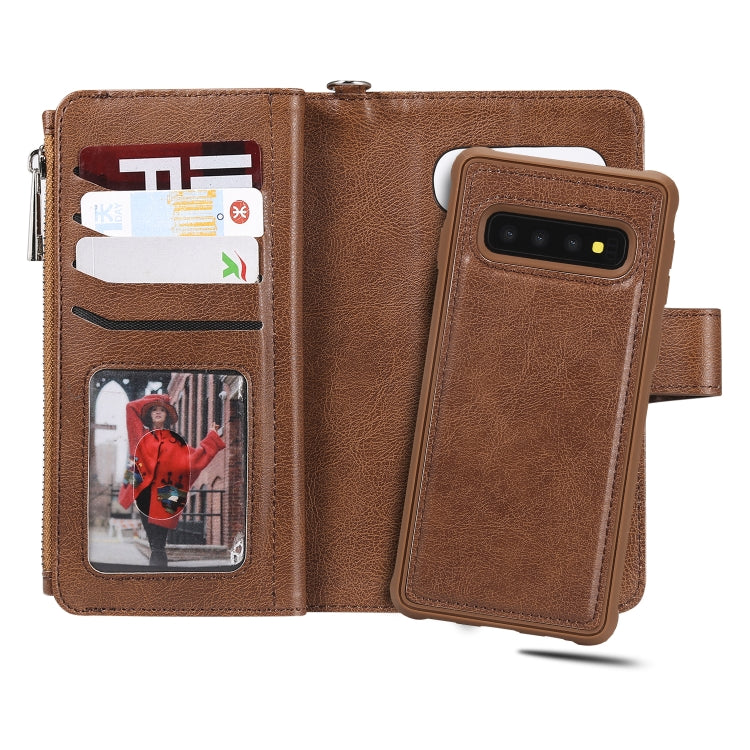 For Galaxy S10 2 in 1 Solid Color Zipper Shockproof Protective Case with Card Slots & Bracket & Photo Holder & Wallet Function