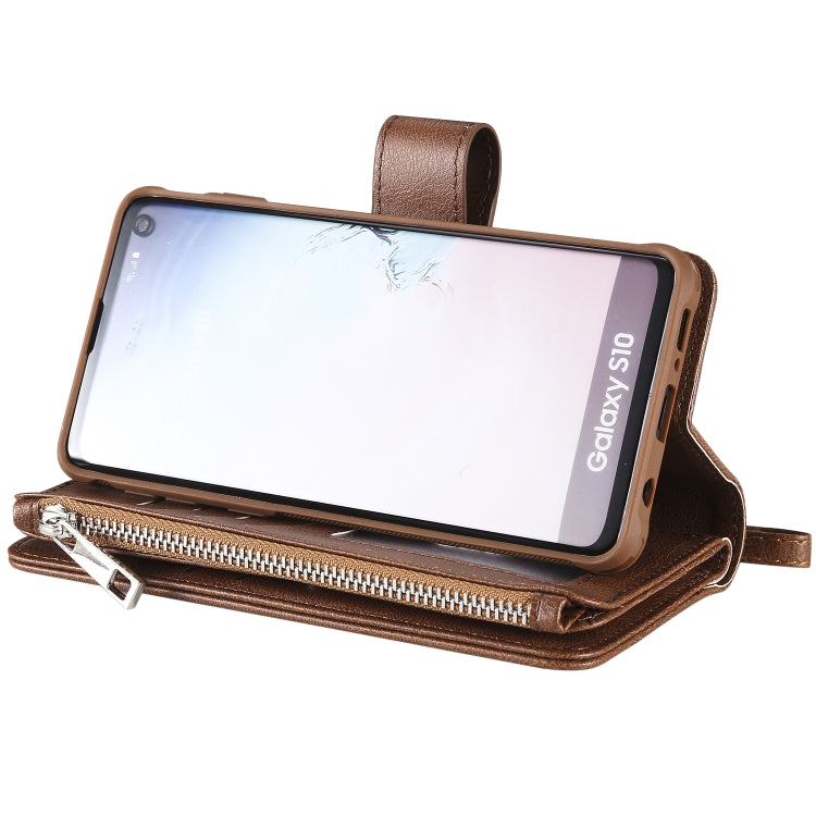 For Galaxy S10 2 in 1 Solid Color Zipper Shockproof Protective Case with Card Slots & Bracket & Photo Holder & Wallet Function