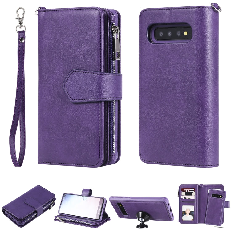 For Galaxy S10 2 in 1 Solid Color Zipper Shockproof Protective Case with Card Slots & Bracket & Photo Holder & Wallet Function