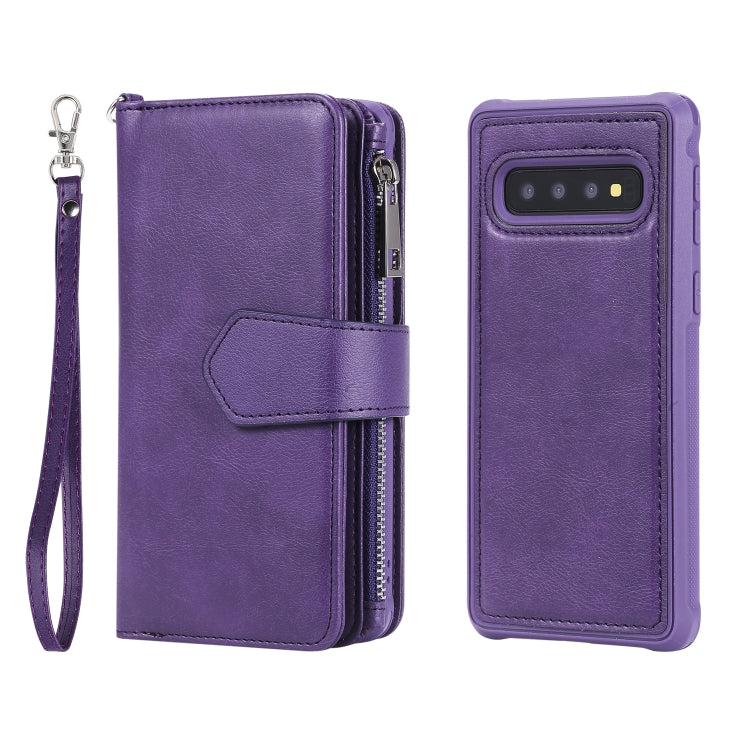 For Galaxy S10 2 in 1 Solid Color Zipper Shockproof Protective Case with Card Slots & Bracket & Photo Holder & Wallet Function