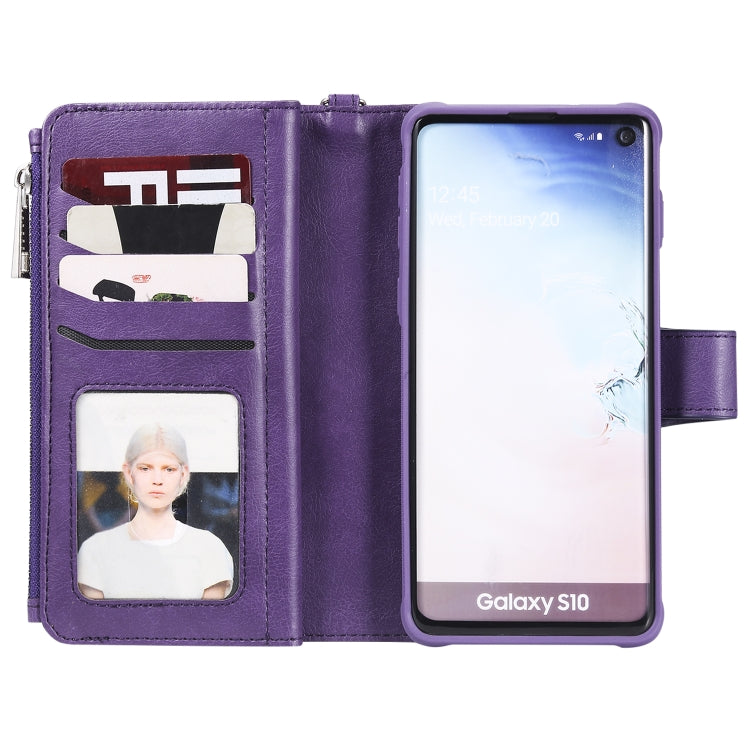 For Galaxy S10 2 in 1 Solid Color Zipper Shockproof Protective Case with Card Slots & Bracket & Photo Holder & Wallet Function