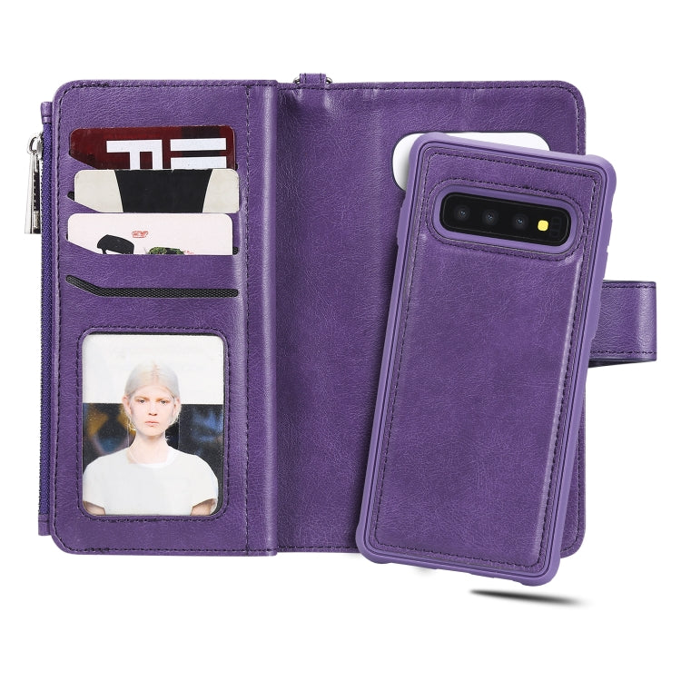 For Galaxy S10 2 in 1 Solid Color Zipper Shockproof Protective Case with Card Slots & Bracket & Photo Holder & Wallet Function