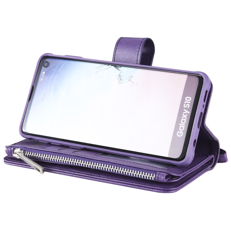 For Galaxy S10 2 in 1 Solid Color Zipper Shockproof Protective Case with Card Slots & Bracket & Photo Holder & Wallet Function