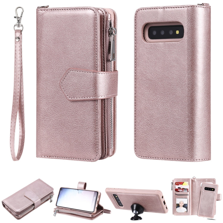 For Galaxy S10 2 in 1 Solid Color Zipper Shockproof Protective Case with Card Slots & Bracket & Photo Holder & Wallet Function