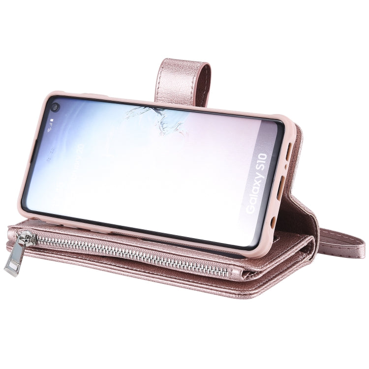 For Galaxy S10 2 in 1 Solid Color Zipper Shockproof Protective Case with Card Slots & Bracket & Photo Holder & Wallet Function