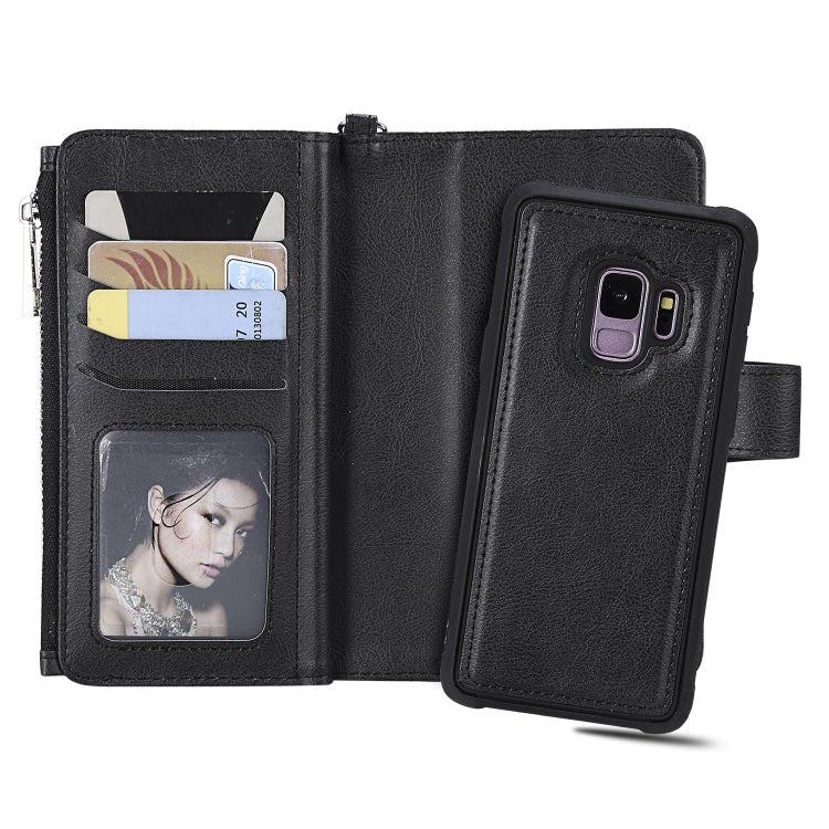 For Galaxy S9 2 in 1 Solid Color Zipper Shockproof Protective Case with Card Slots & Bracket & Photo Holder & Wallet Function