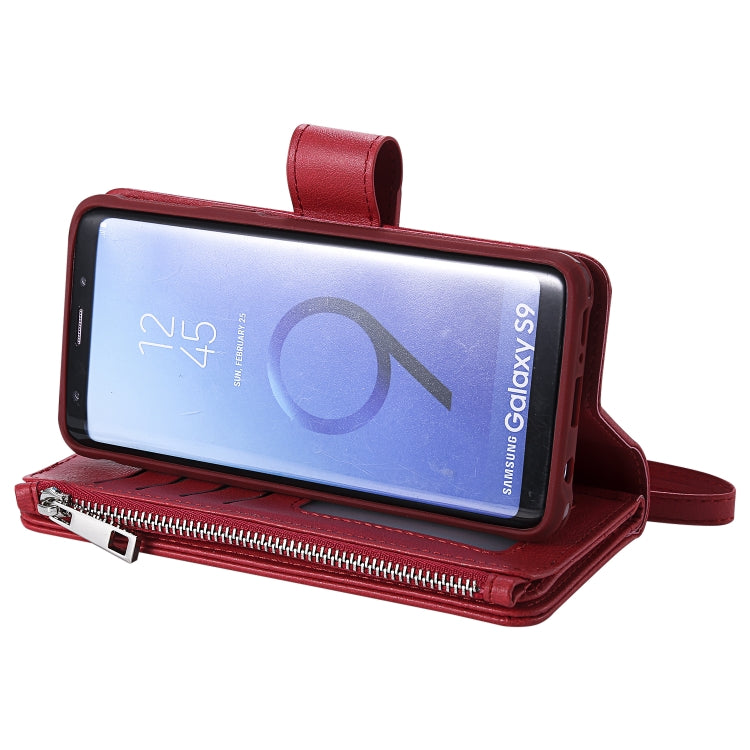 For Galaxy S9 2 in 1 Solid Color Zipper Shockproof Protective Case with Card Slots & Bracket & Photo Holder & Wallet Function