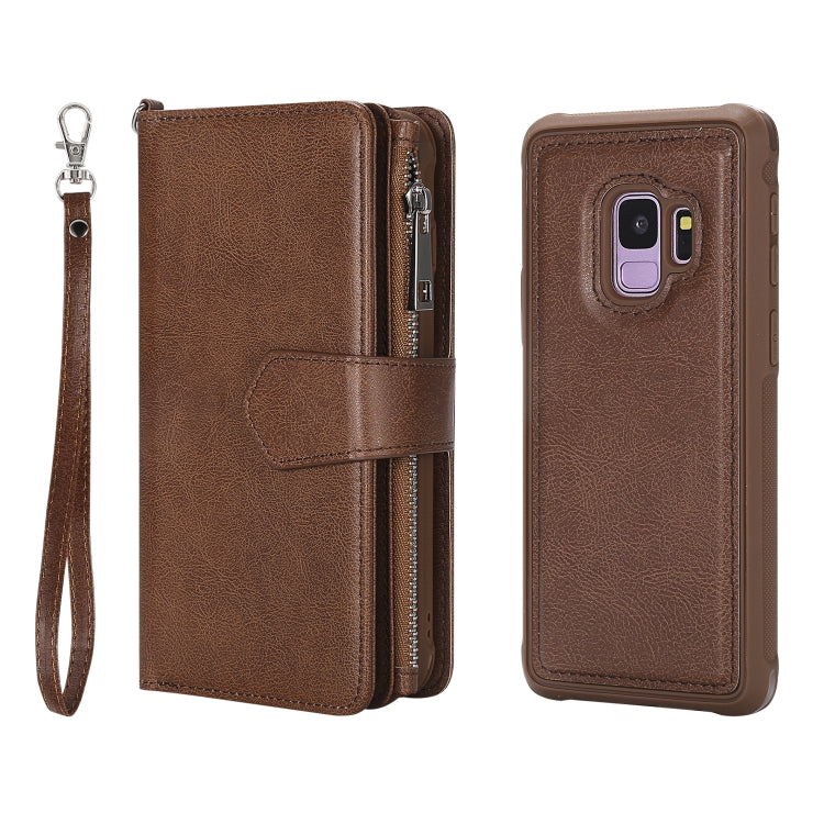 For Galaxy S9 2 in 1 Solid Color Zipper Shockproof Protective Case with Card Slots & Bracket & Photo Holder & Wallet Function