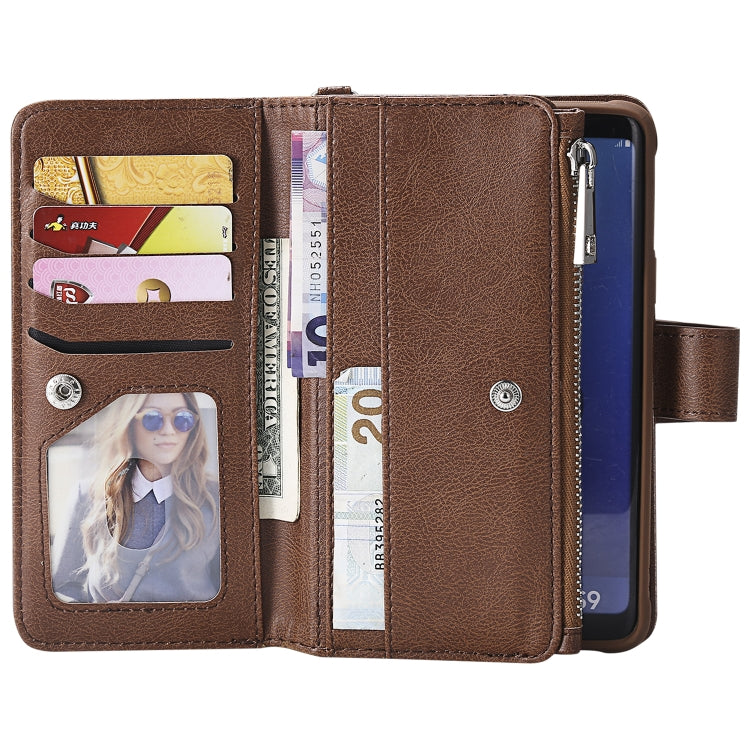 For Galaxy S9 2 in 1 Solid Color Zipper Shockproof Protective Case with Card Slots & Bracket & Photo Holder & Wallet Function
