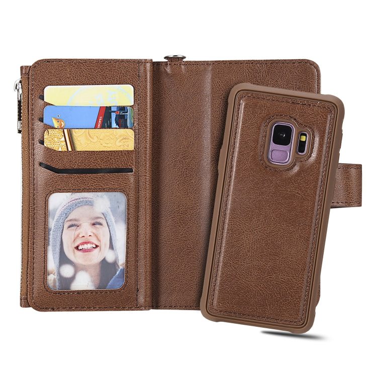For Galaxy S9 2 in 1 Solid Color Zipper Shockproof Protective Case with Card Slots & Bracket & Photo Holder & Wallet Function