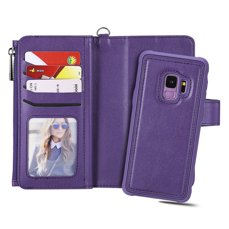 For Galaxy S9 2 in 1 Solid Color Zipper Shockproof Protective Case with Card Slots & Bracket & Photo Holder & Wallet Function