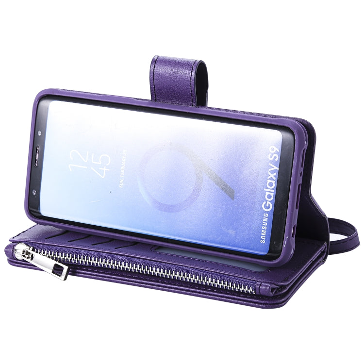 For Galaxy S9 2 in 1 Solid Color Zipper Shockproof Protective Case with Card Slots & Bracket & Photo Holder & Wallet Function