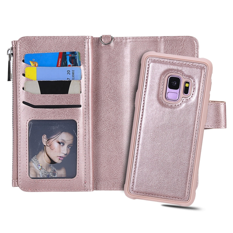 For Galaxy S9 2 in 1 Solid Color Zipper Shockproof Protective Case with Card Slots & Bracket & Photo Holder & Wallet Function