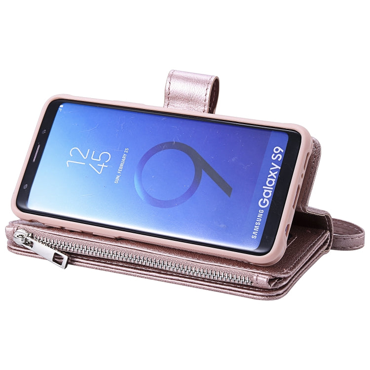 For Galaxy S9 2 in 1 Solid Color Zipper Shockproof Protective Case with Card Slots & Bracket & Photo Holder & Wallet Function