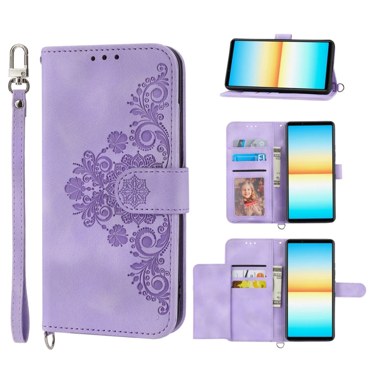 For Sony Xperia 5 IV Skin-feel Flowers Embossed Wallet Leather Phone Case