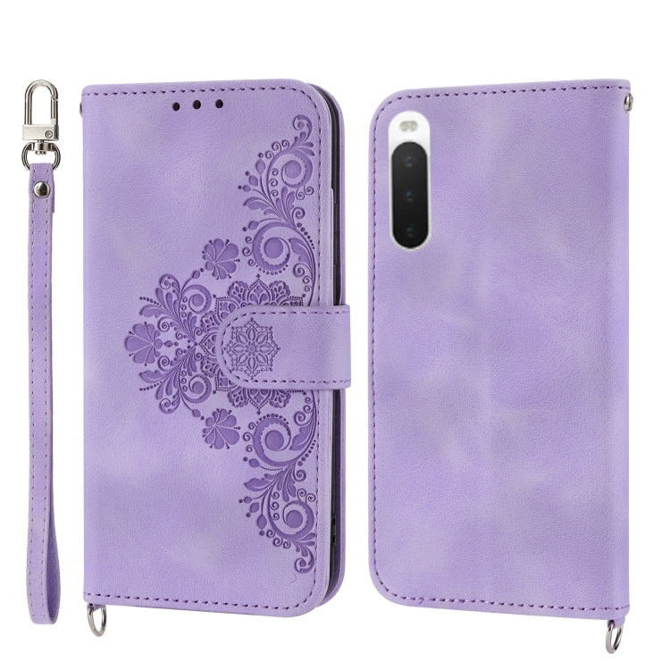 For Sony Xperia 5 IV Skin-feel Flowers Embossed Wallet Leather Phone Case