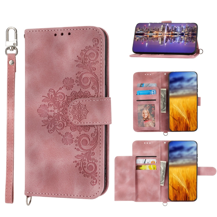 For OPPO A17 4G Skin-feel Flowers Embossed Wallet Leather Phone Case
