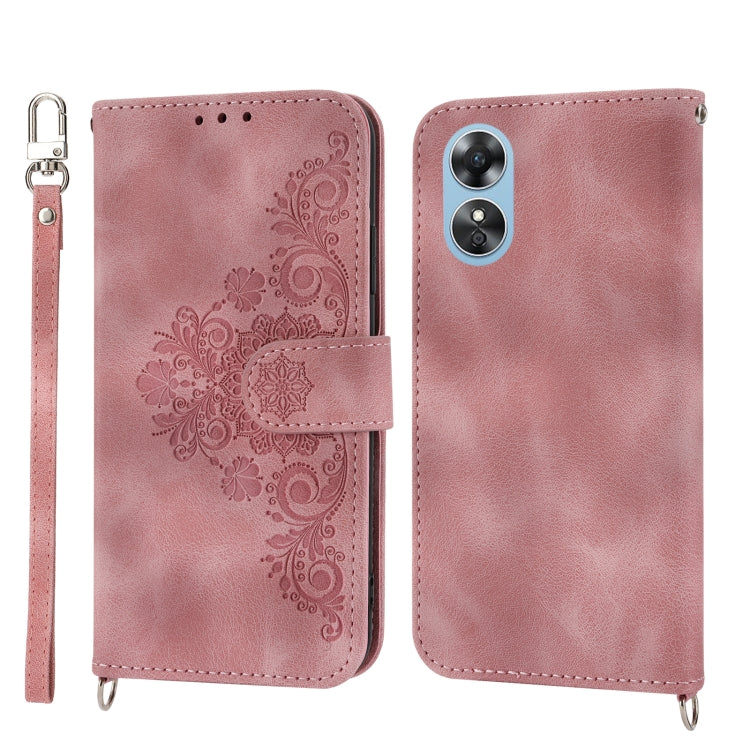 For OPPO A17 4G Skin-feel Flowers Embossed Wallet Leather Phone Case