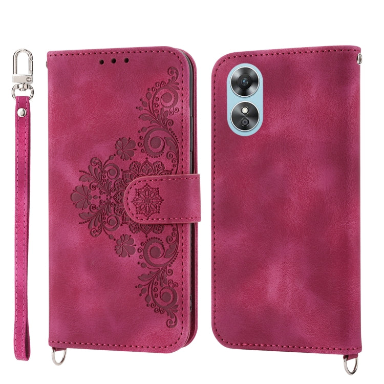 For OPPO A17 4G Skin-feel Flowers Embossed Wallet Leather Phone Case