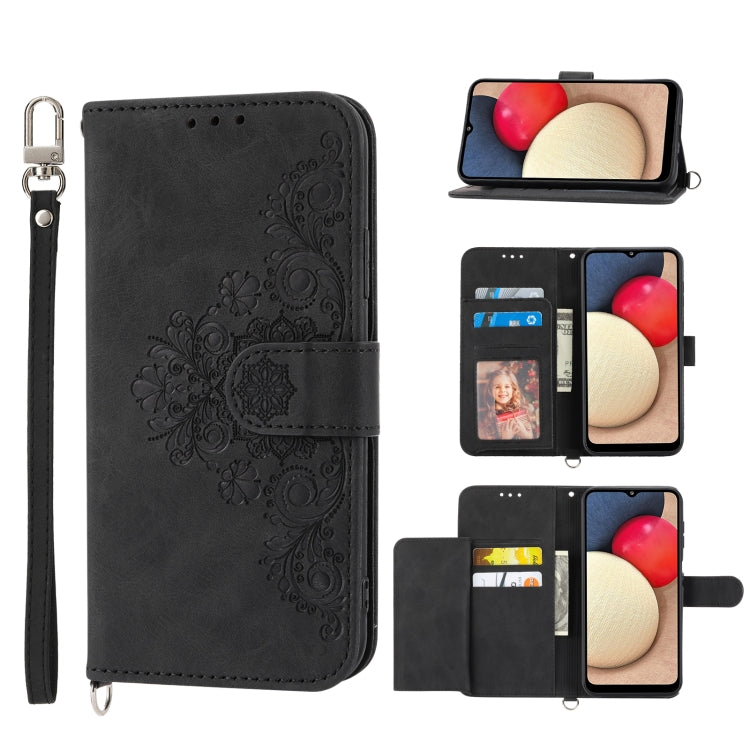 For Sharp Simple Sumaho 5 Skin-feel Flowers Embossed Wallet Leather Phone Case