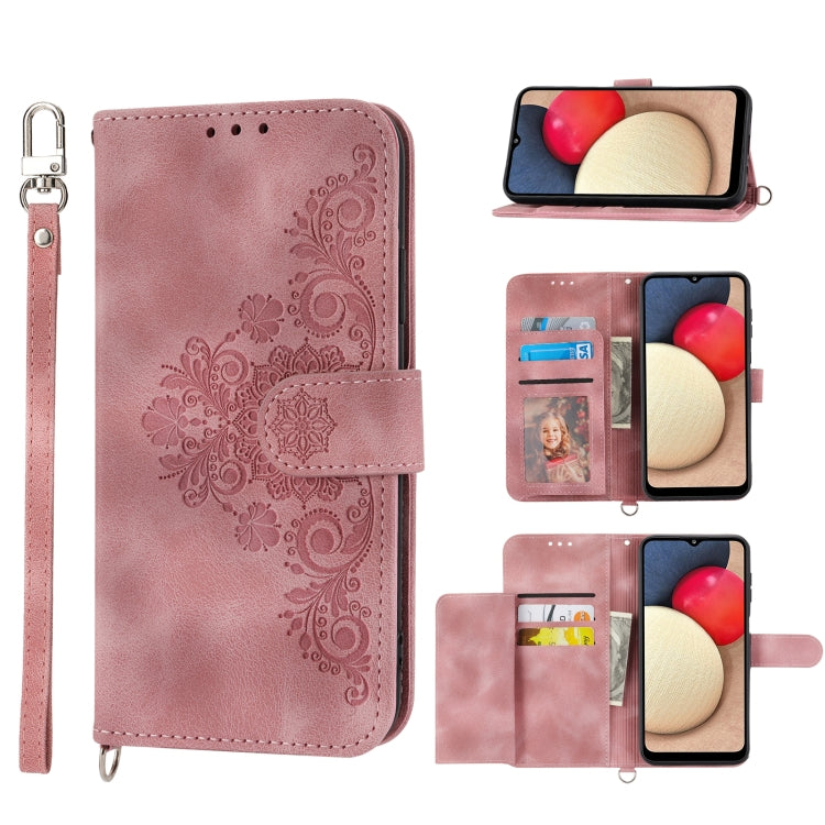 For Sharp Simple Sumaho 5 Skin-feel Flowers Embossed Wallet Leather Phone Case