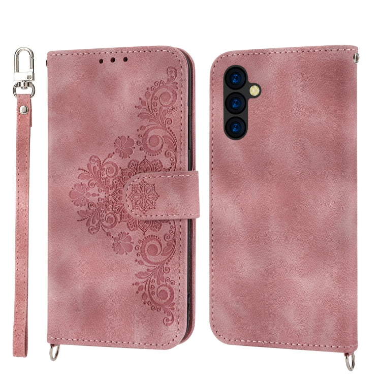 For Sharp Simple Sumaho 5 Skin-feel Flowers Embossed Wallet Leather Phone Case