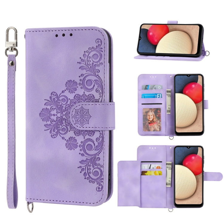 For Sharp Simple Sumaho 5 Skin-feel Flowers Embossed Wallet Leather Phone Case