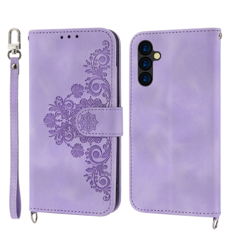 For Sharp Simple Sumaho 5 Skin-feel Flowers Embossed Wallet Leather Phone Case