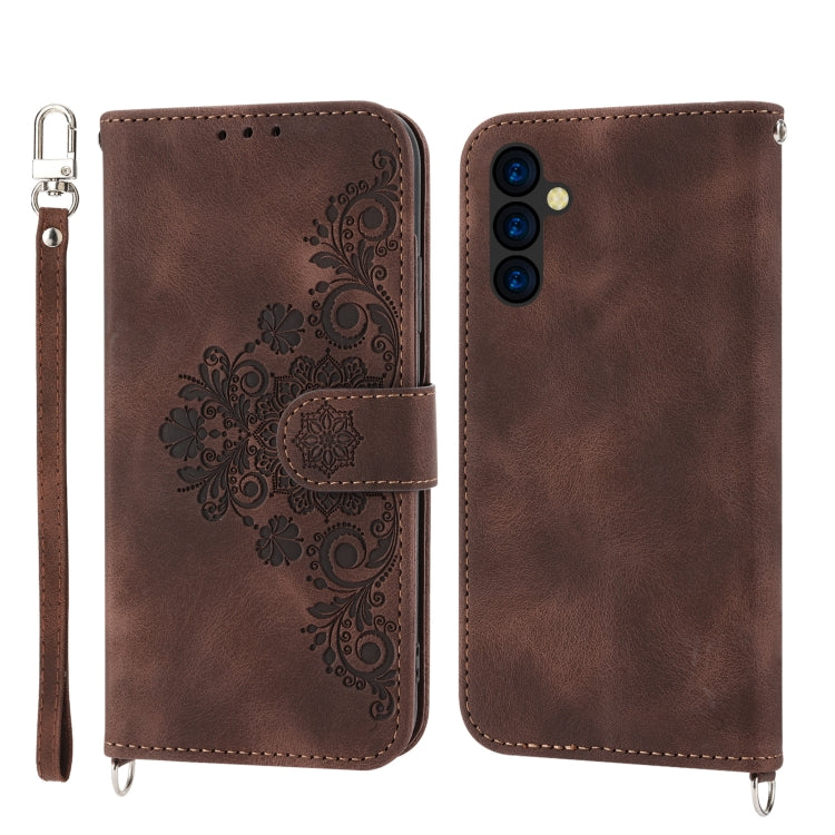 For Sharp Simple Sumaho 5 Skin-feel Flowers Embossed Wallet Leather Phone Case