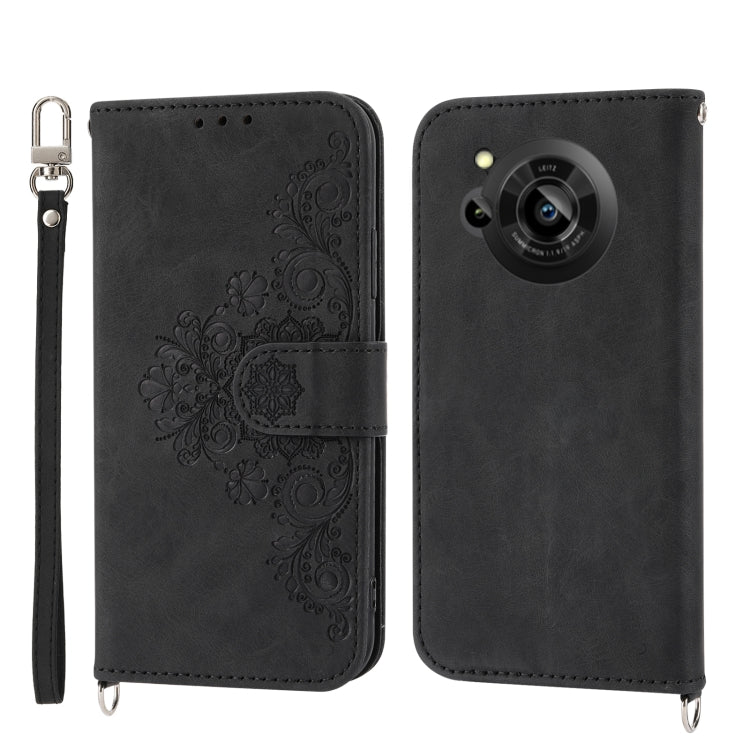 For Sharp Aquos R7 / P7 Skin-feel Flowers Embossed Wallet Leather Phone Case