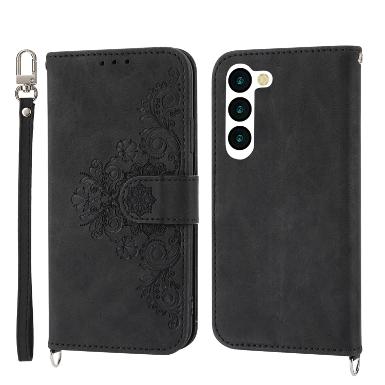 For Samsung Galaxy S23+ Skin-feel Flowers Embossed Wallet Leather Phone Case