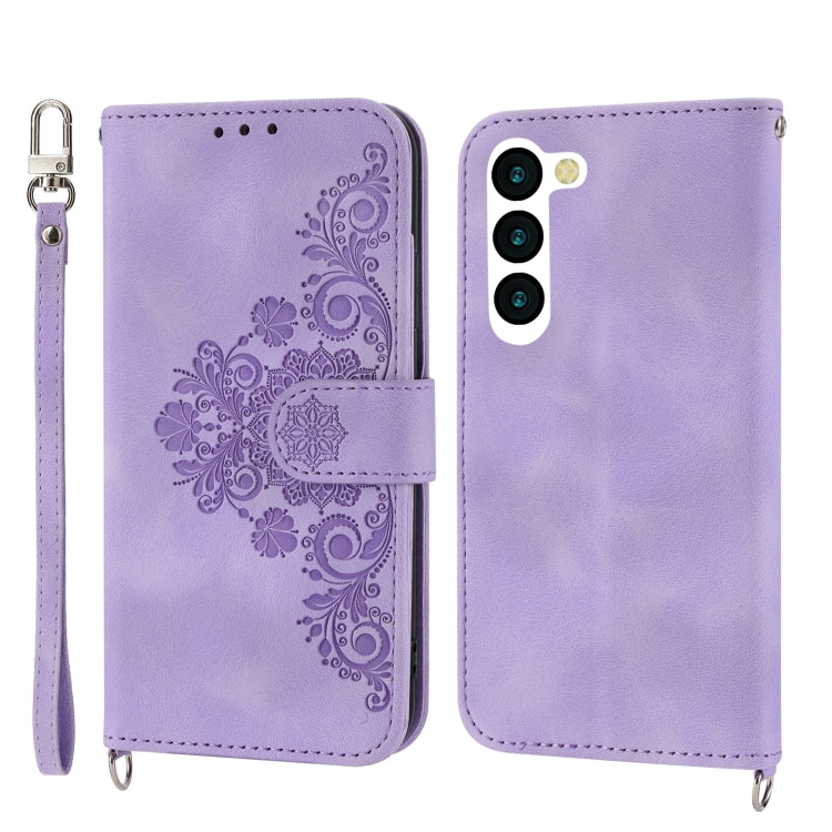 For Samsung Galaxy S23+ Skin-feel Flowers Embossed Wallet Leather Phone Case