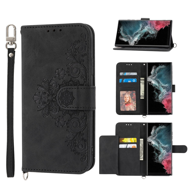For Samsung Galaxy S23 Ultra 5G Skin-feel Flowers Embossed Wallet Leather Phone Case