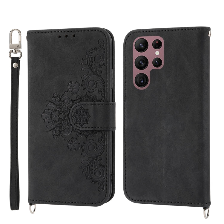 For Samsung Galaxy S23 Ultra 5G Skin-feel Flowers Embossed Wallet Leather Phone Case