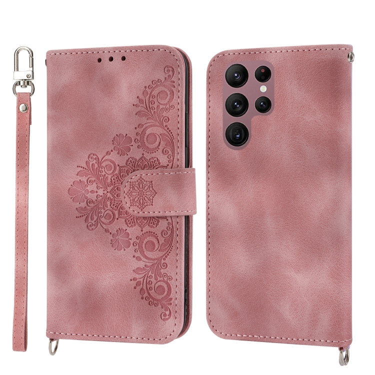 For Samsung Galaxy S23 Ultra 5G Skin-feel Flowers Embossed Wallet Leather Phone Case