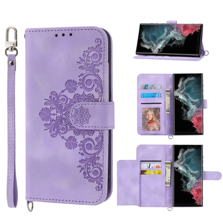 For Samsung Galaxy S23 Ultra 5G Skin-feel Flowers Embossed Wallet Leather Phone Case