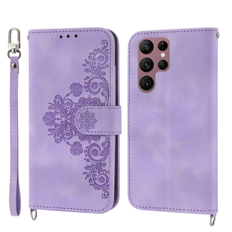 For Samsung Galaxy S23 Ultra 5G Skin-feel Flowers Embossed Wallet Leather Phone Case